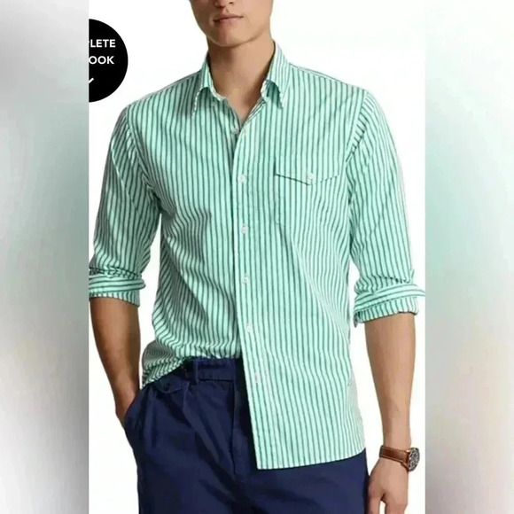 RALPH LAUREN BLAKE Men's Long Sleeve Shirt Size L Green White Cotton POLO - Picture 1 of 7